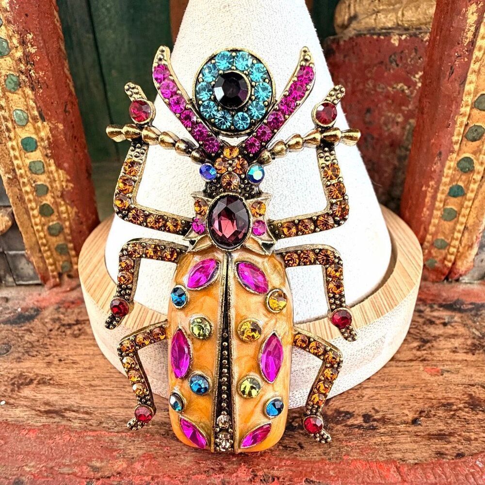 JeweledâBeetle Brooch Multicolor Rhinestone Statement - Picture 2 of 7